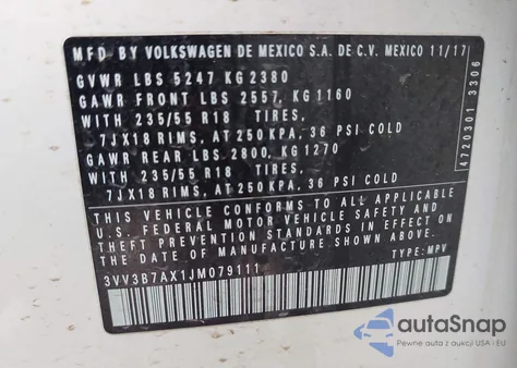 2018 Volkswagen Tiguan Se/Sel z USA, uszkodzony, nr VIN 3VV3B7AX1JM079111